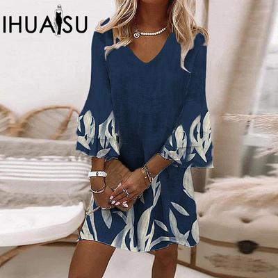 Summer Spring Fresh Print V-neck 3/4 Sleeve Mini Loose Dress