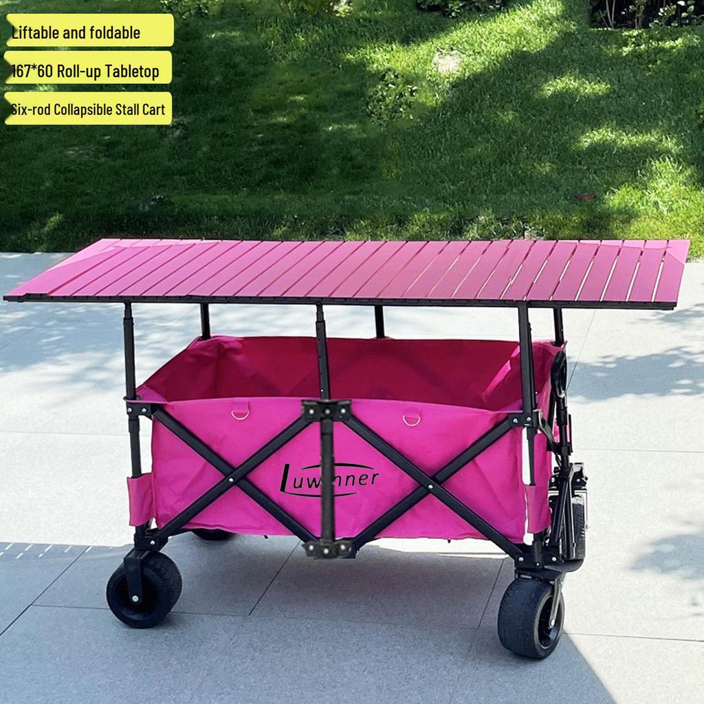 Adjustable Folding Handcart with Umbrella, Elevated Canopy & Table Top for Street Stalls or Camping.