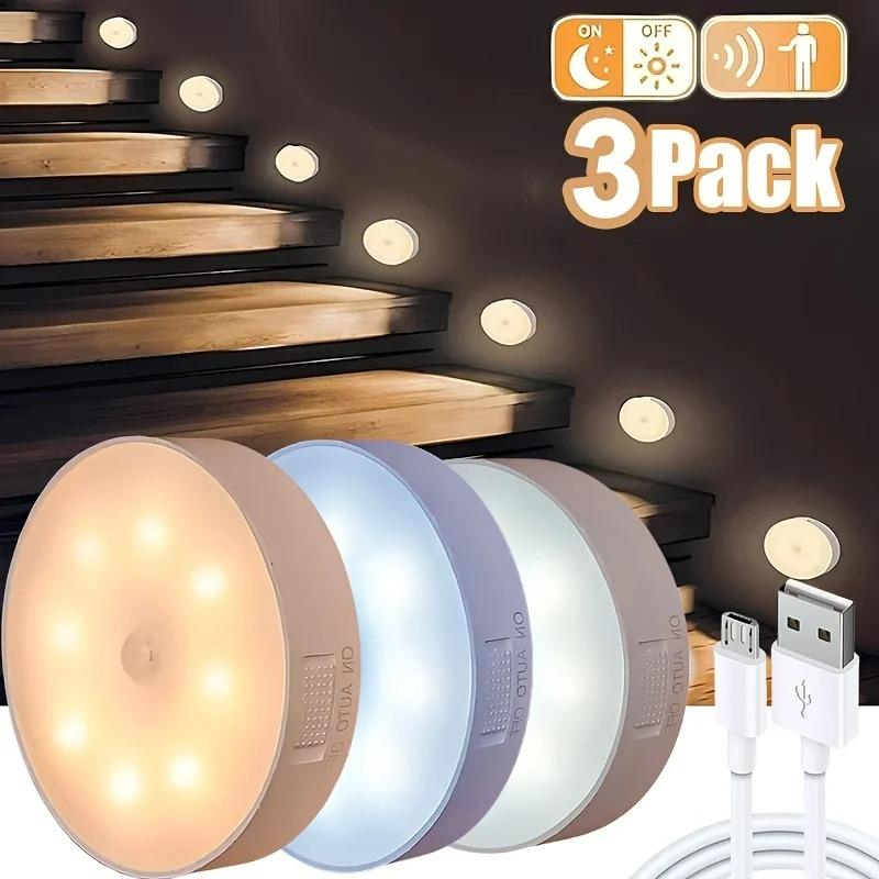 3-Pack  LED Closet Lights Wireless Motion Sensor Puck Light USB Rechargeable under cabinet lights for Kitchen Pantry Wardrobe