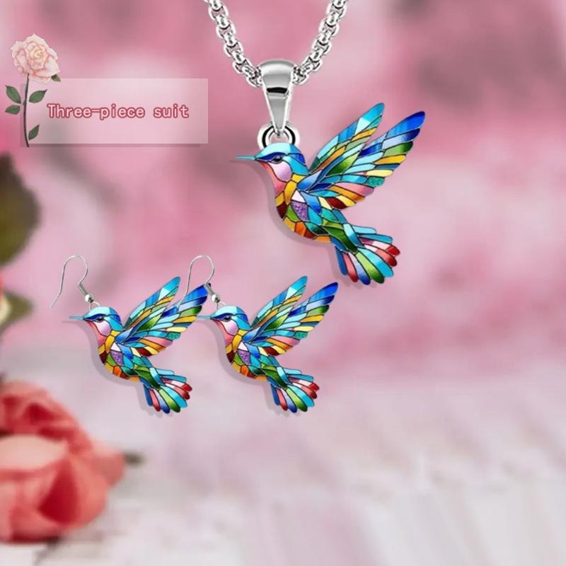 Colorful Hummingbird Necklace and Earrings Set Acrylic Pendant Jewelry for Women Gift for Mother Daughter Girlfriend