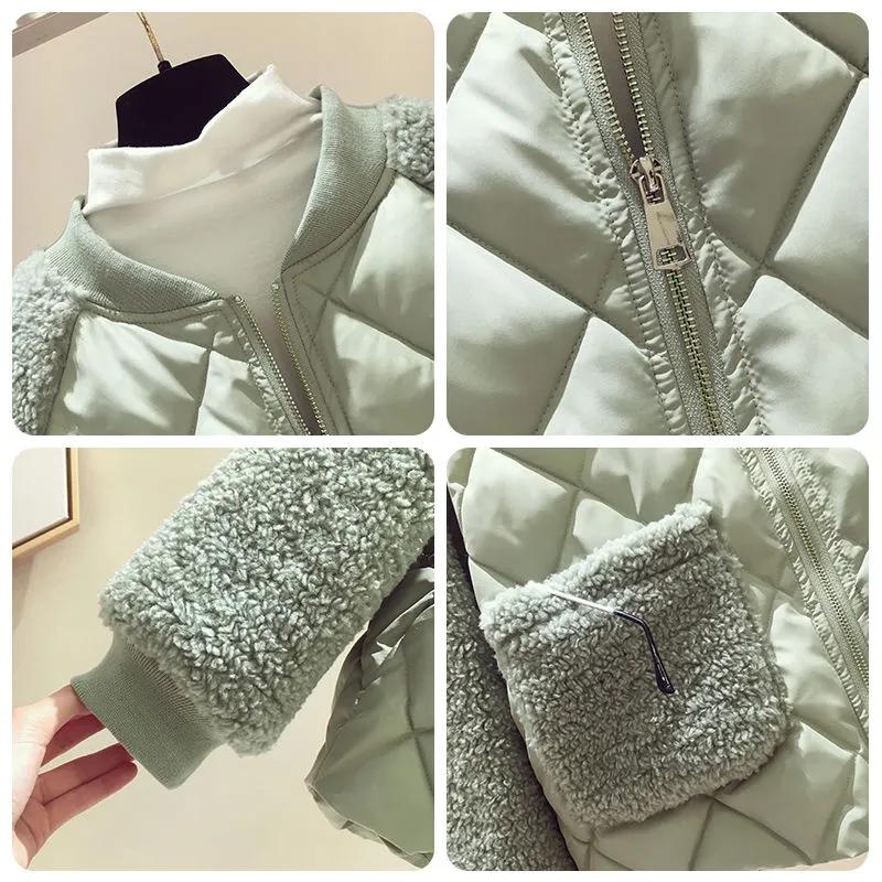 Women's Autumn and Winter Splicing Warm Jacket Solid Color Round Collar Loose Thickened Outerwear