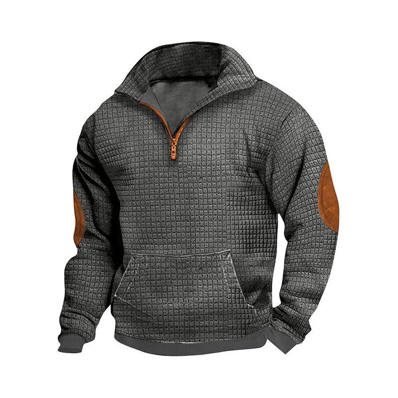 2026 Autumn/Winter Men's Casual Plaid Zipper Suede Plush Jacquard Hoodie