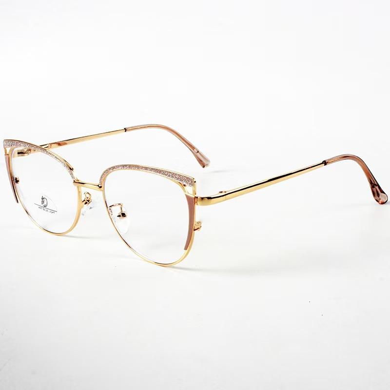 European and American new fashion anti-blue glitter glasses cat eye frame female metal personality trend versatile street shot flat mirror
