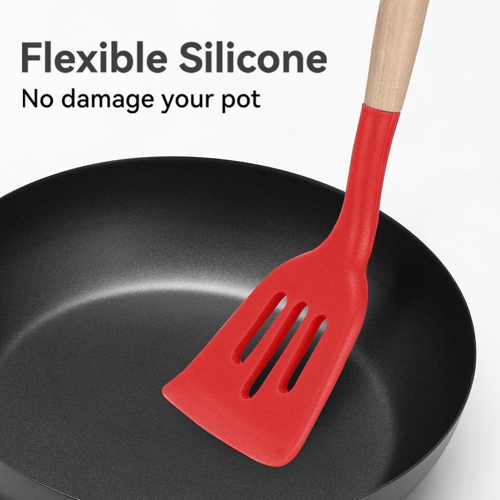 Non-Stick Silicone Cooking Utensils Set, 5 Pcs With Wooden Handle, Heat Resistant Silicone Kitchen Gadgets (Red, 5)