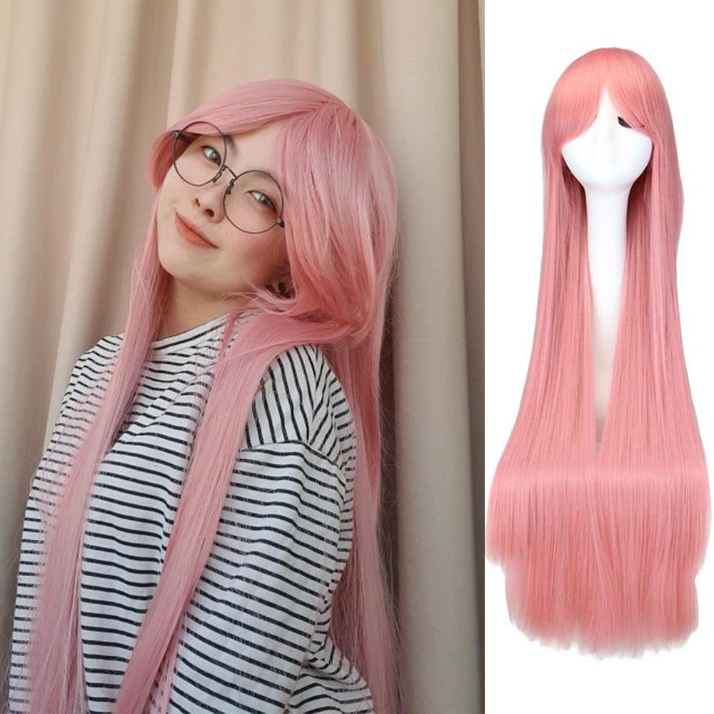 Professionelle lange gerade Cosplay Perücke Schwarz Lila Schwarz Rot Rosa Blau Dunkelbraun 100 cm Kunsthaarperücken