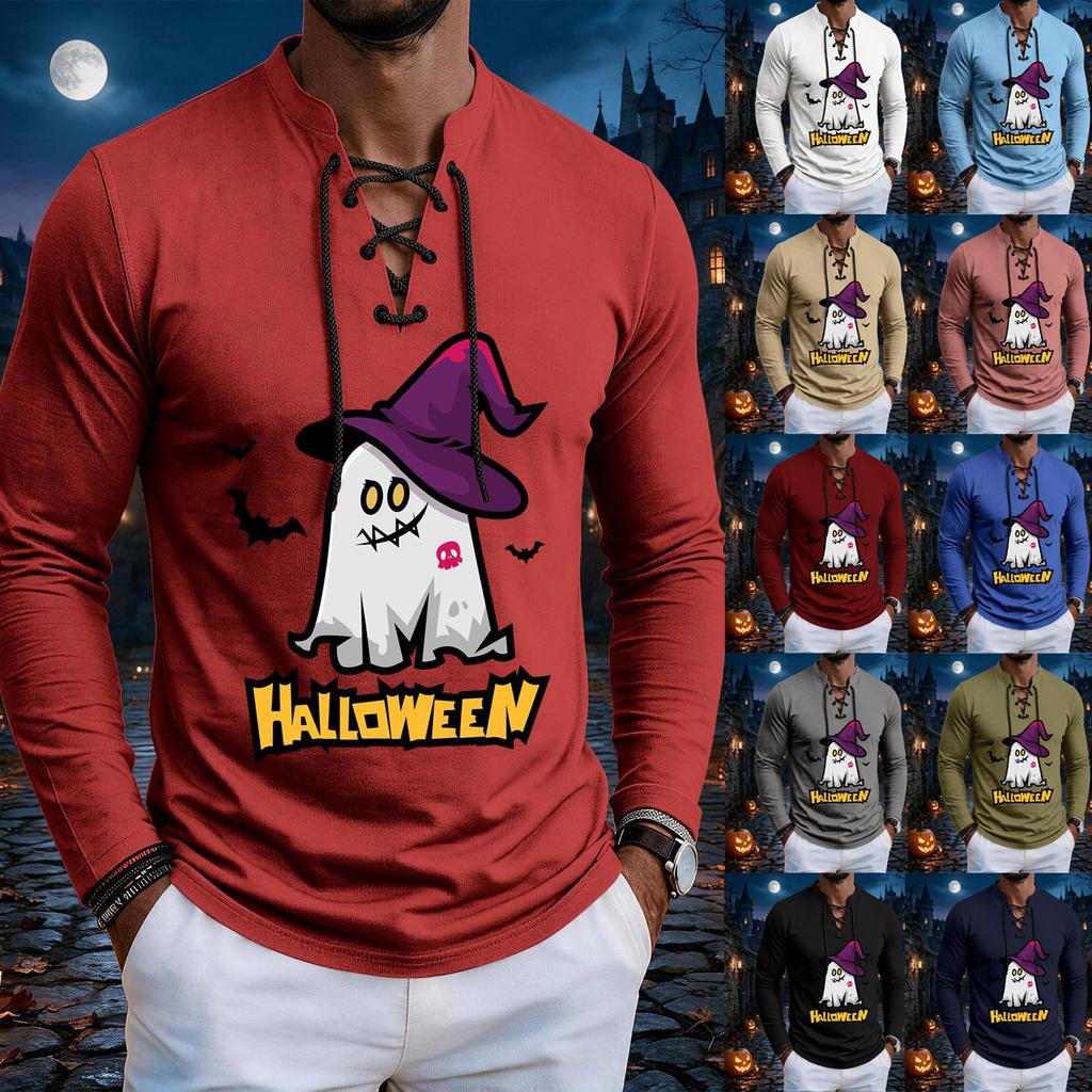 Men's Vintage Halloween Print Lace-Up Long Sleeve T-Shirt
