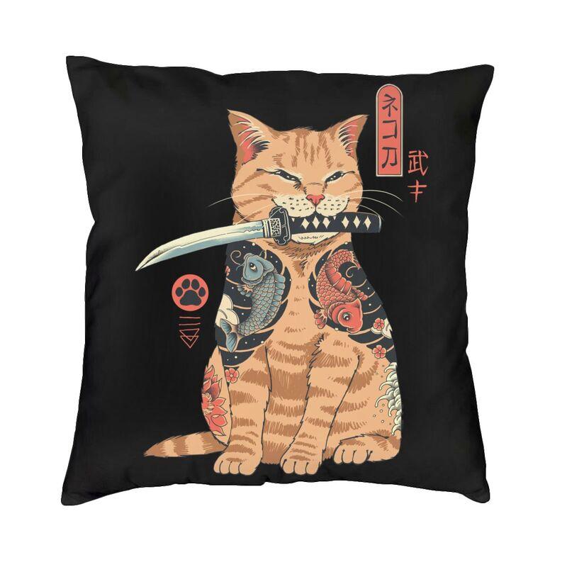 Funny Catana Feline Cat Cushion Cover 35x35 Cm Japanese Samurai Cat Dog Throw Pillow Cases Decoration Salon Sofa Chair Pillows