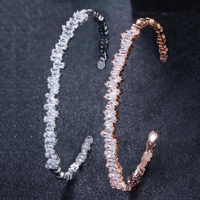 WWJ Noble Vogue Square Cut Baguette Cubic Zirconia Opening Cuff Bangle Bracelet