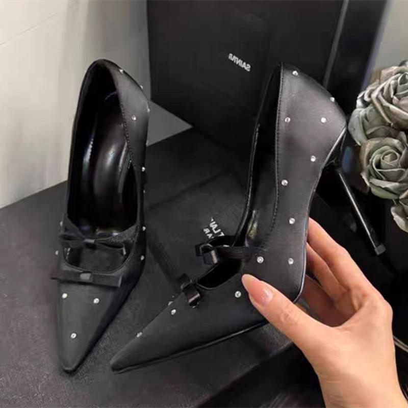 Fashion Elegant Satin Rhinestone Decoration Women Pumps Sexy Pointed Toe Bowknot High Heels Party Dress Designer Shoes Zapatos De Mujer