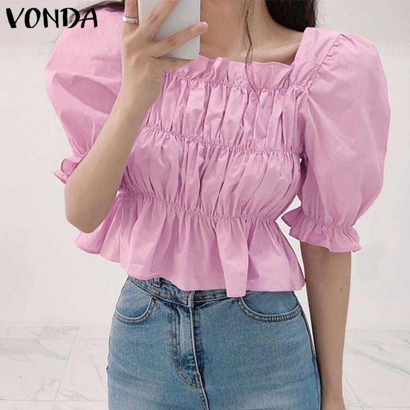

Летние женские топы с квадратным воротником VONDA, однотонная блузка с короткими пышными рукавами