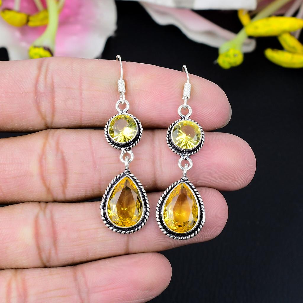 Citrine Gemstone Handmade 925 Sterling Silver Jewelry Earring 2.56" KG-420