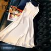 Women Casual Slip Dress Silky Satin V Neck Spaghetti Strap Solid Color Plus Size Summer Midi A-line Loose Hem Backless Sleeveless Strappy Prom Party