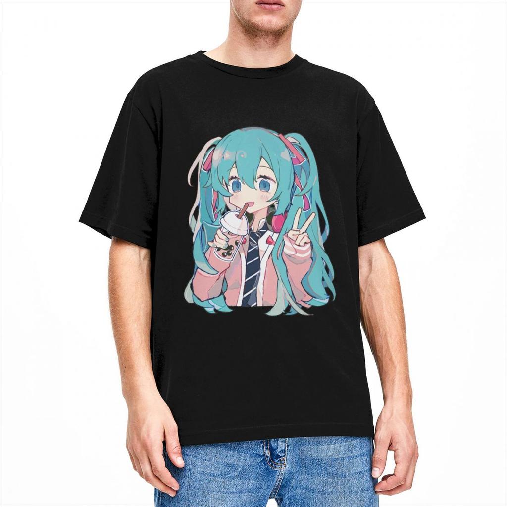 Boba Tea Miku T-Shirt Unisex Damen Neuheit Baumwoll-Tees O-Ausschnitt Kurzarm T-Shirts Neuankömmling Kleidung Unisex