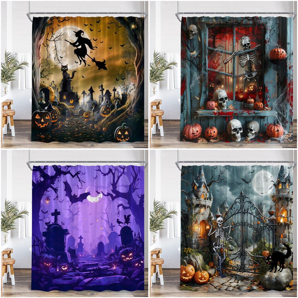 Casa Assombrada Halloween Cortina de Chuveiro Noite de Lua Cheia Cemitério Lanterna de Abóbora Castelo Gótico Decoração de Banheiro Cortina de Banho Retrô