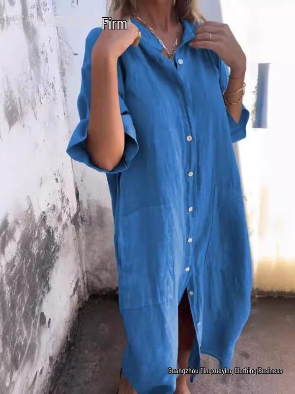 2026 Europäisches & Amerikanisches Frühling/Sommer Lockeres Casual Mittellanges Baumwoll-Leinen Hemdkleid für Damen