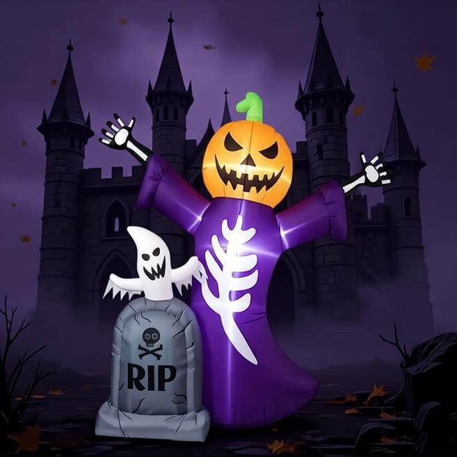 Calabaza Inflable de Halloween de 6 pies con Cabeza de Parca, Iluminación LED, Decoración Exterior para Jardín, Esqueleto Inflable, Lápida, Accesorio para Fiesta de Cementerio