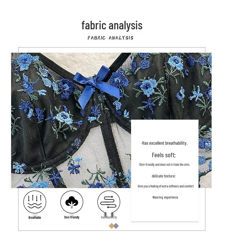 European and American Floral Mesh Sexy Breathable Adjustable Thong with Embroidered Open Cups and Three-Button Suspender