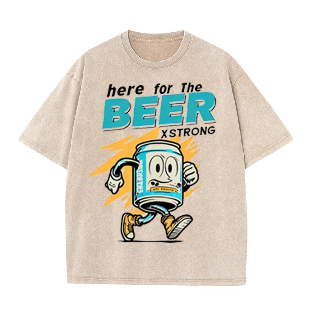 2026 Here For The Beer Retro Cartoon Can Print Unisex T Shirt Vintage Washed Short Sleeve Casual Streetwear Party Tee