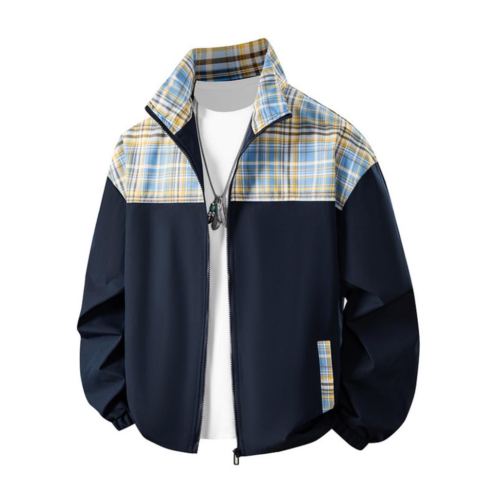 Men's Casual Color-blocked Two-sided Jacket, Men's Loose Patchwork Checkered Jacket