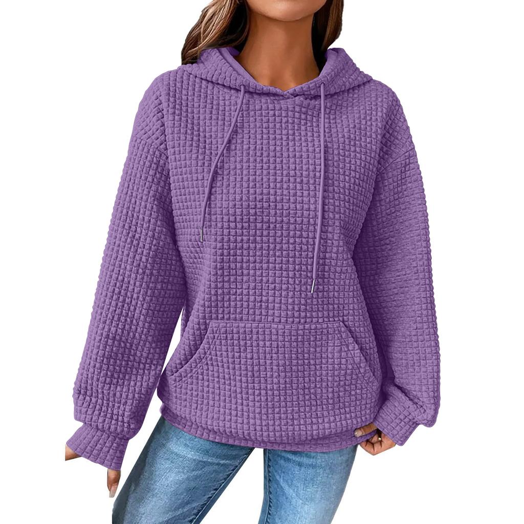 Women's Fashion Loose Hooded Pullover Long Sleeve Patchwork Plaid Sweat Drawstring Shoulder Strap Pocket Top