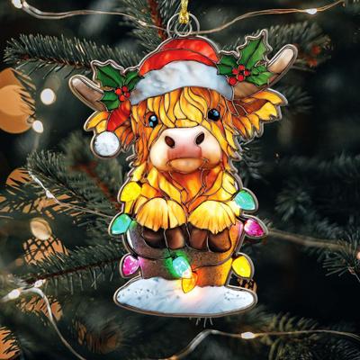 Highland Cow Christmas Ornament Stained Glass Effect Window Hanging Highland Cow Decor Rustic Acrylic Scottish Suncatcher for Farmhouse Tree Decor