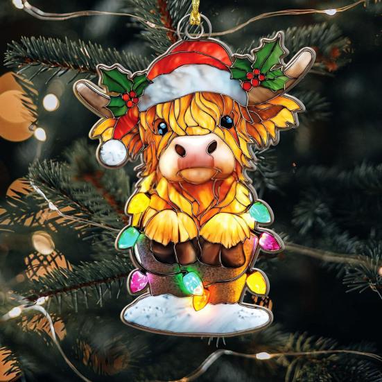 Highland Cow Christmas Ornament Stained Glass Effect Window Hanging Highland Cow Decor Rustic Acrylic Scottish Suncatcher for Farmhouse Tree Decor