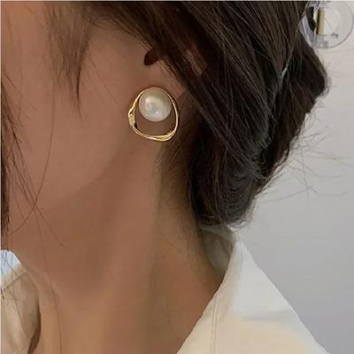 Imitation Pearl Earring for Women Gold Color Round Stud Earrings Korean Delicate Irregular Design Unusual Fashion Jewelry