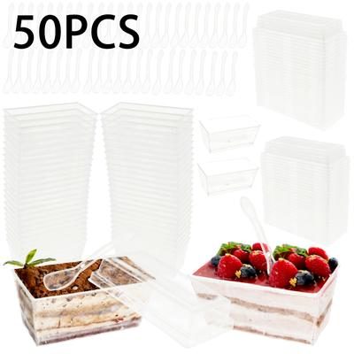 50 st Dessert Plastmugg med Lock och Sked Återanvändbar Klar Fyrkantig Tiramisu Tårta Dessert Pudding Skålar Bröllopsfest Redskap