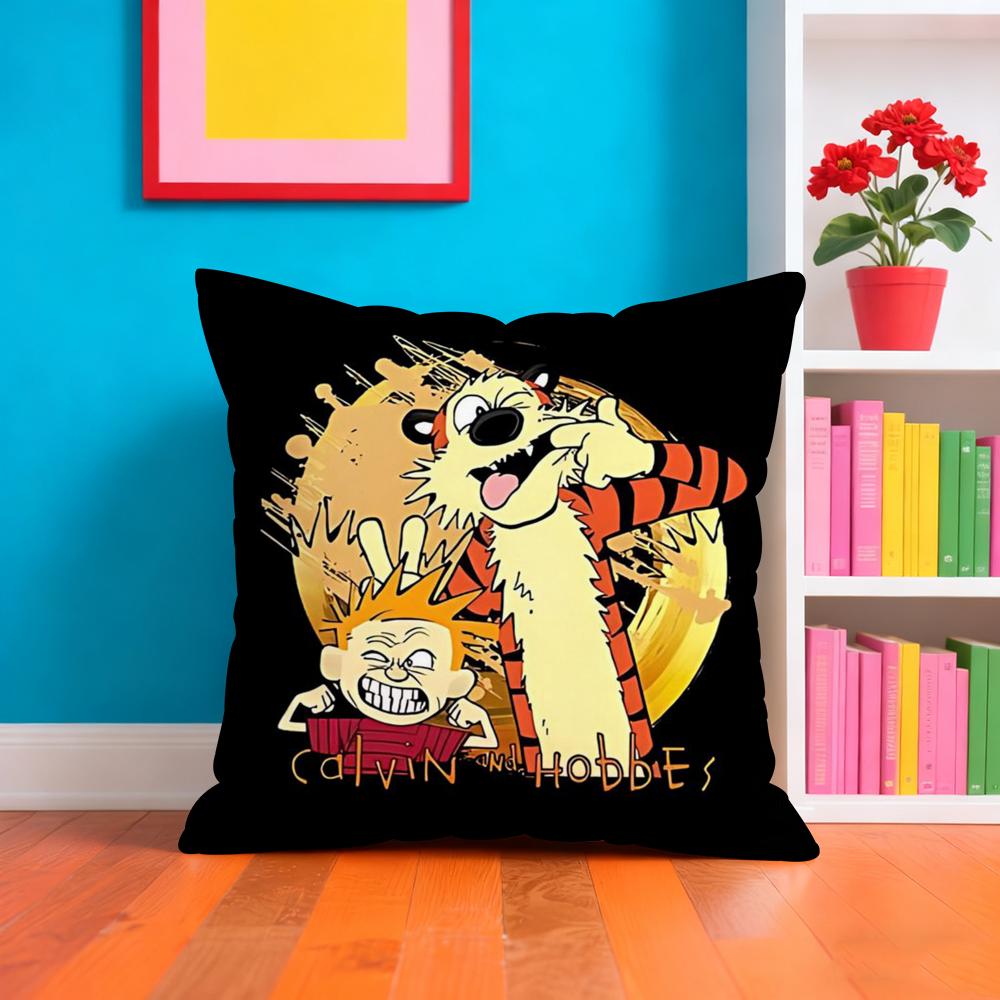 C-Calvin And H-Hobbes Cushion Cover Plush Fabric Soft Double-Sided Printed Sofa Warm Winter Home Gift Pillow Case