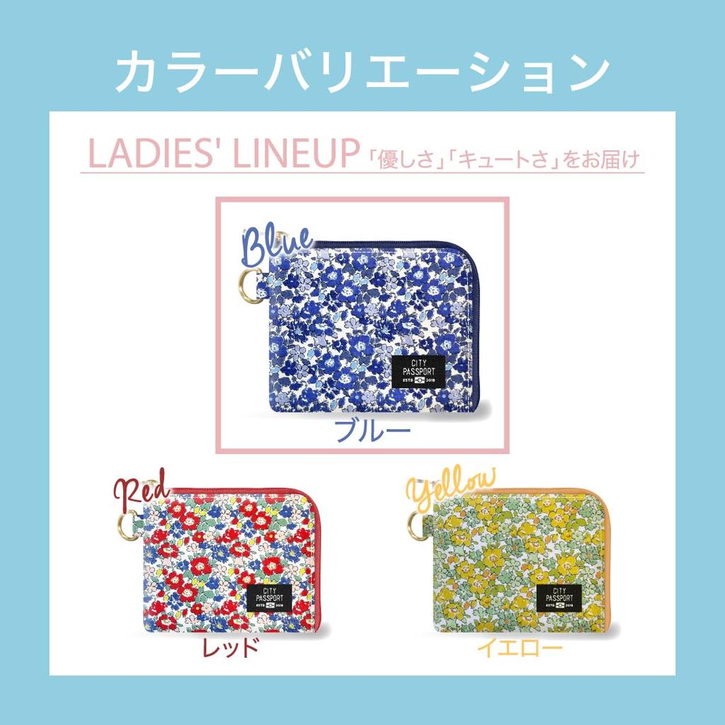 Simple, slim, small wallet with a small floral pattern in blue (Made in Japan, perfect for travel, travel accessories, or as a sub-wallet)
