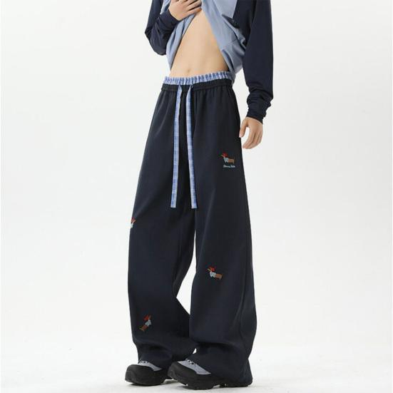 Men's Casual Baggy Pants Drawstring Waist Trousers with Cartoon Dachshund Embroidery Loose Fit Streetwear Pants for Vacation Travel School