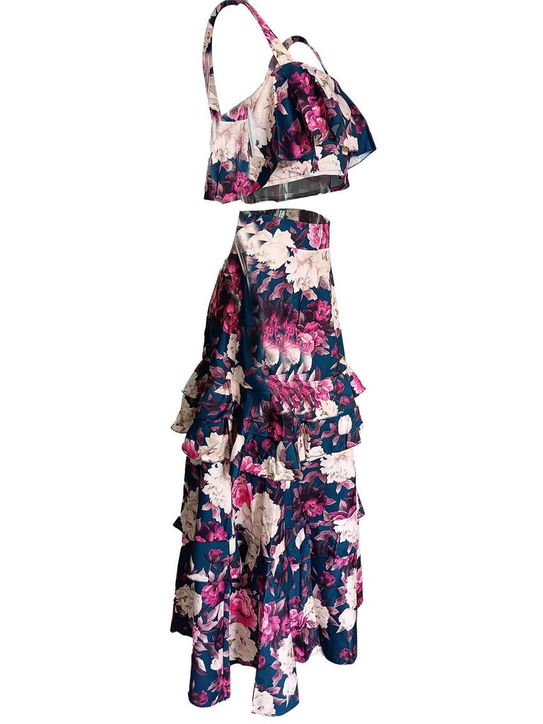 European & American Women's Resort Style Two-Piece Set: Printed Camisole Top with Layered Long Skirt. Perfect for Beachside Holidays.
