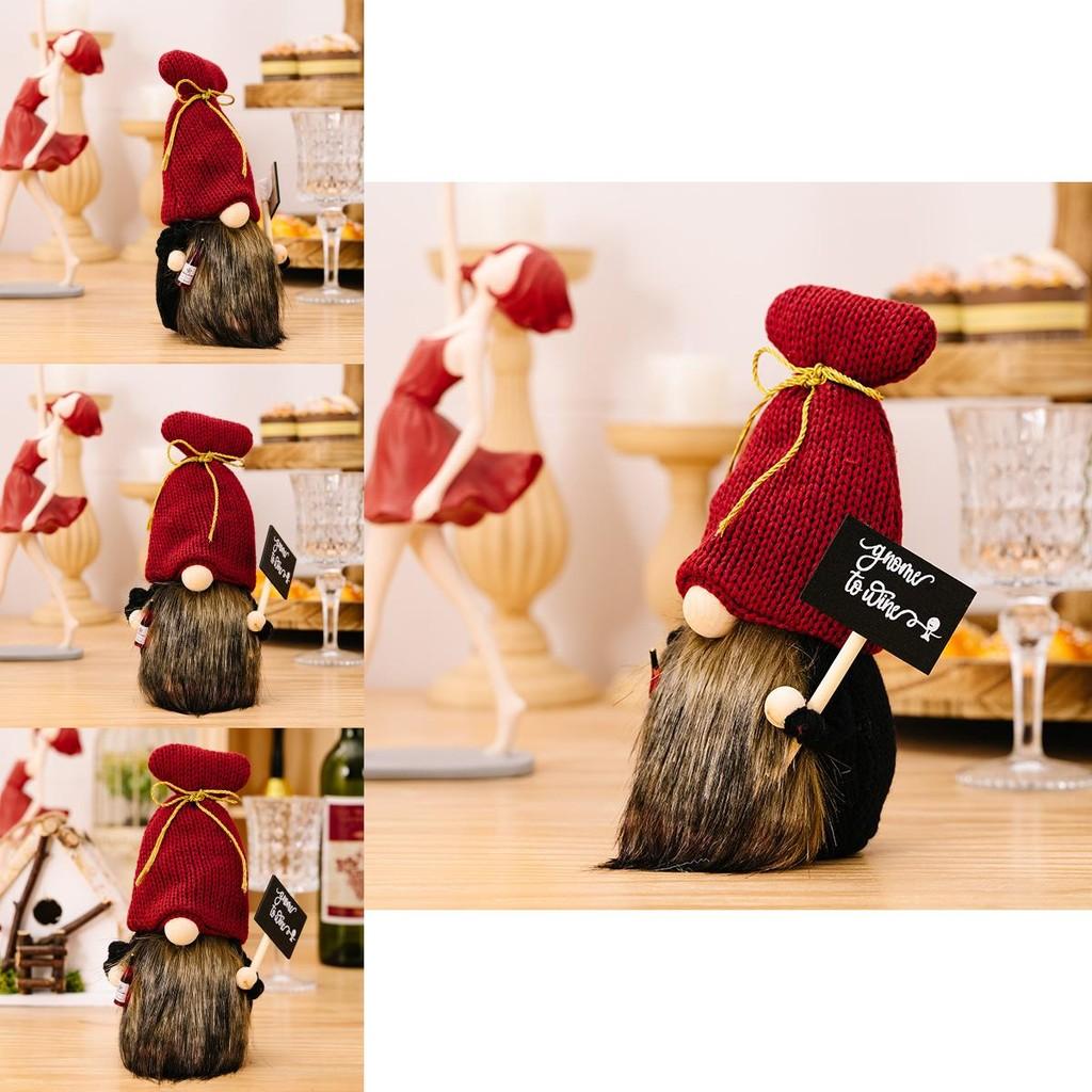 Stylish Burgundy Knitted Hat Gnome Doll With Champagne Sign For Festive Bar Decor