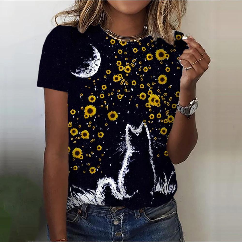 Летняя женская футболка повседневная кавайная Подсолнух Кот 3D принт женская дышащая — фото 3