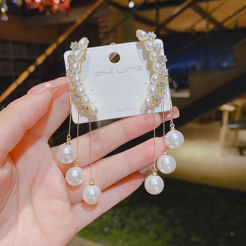 S925 Silver Zircon Tassel Earrings: Luxury Long Pearl Ear Clips for Women