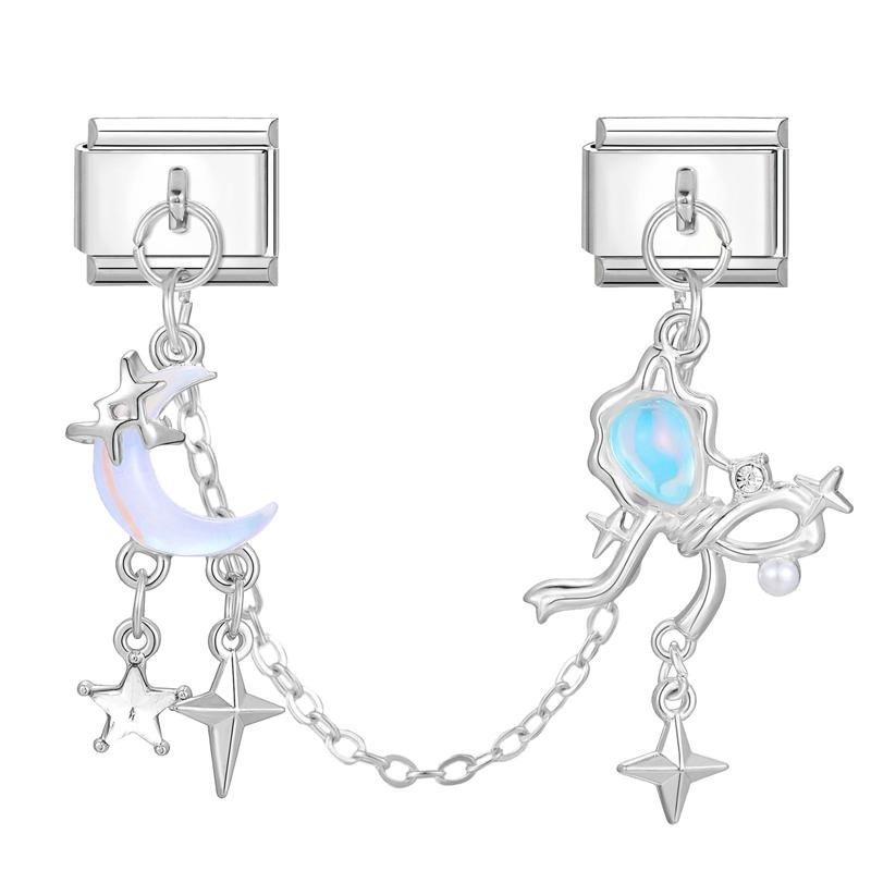 Y2K Zircon Moon Bow Star Pink Heart Tassel Chain Italian Charm Links Fit 9MM Stainless Steel Bracelet Women DIY Making Jewelry