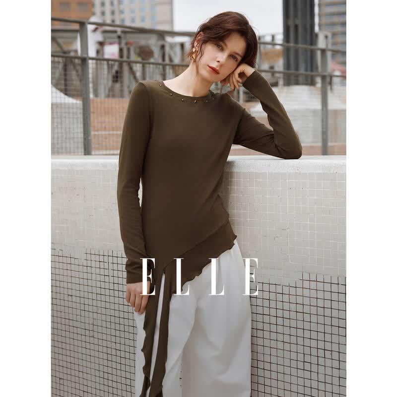 ELLE Women s Modern Studded Irregular Tie Long Sleeve T-Shirt S