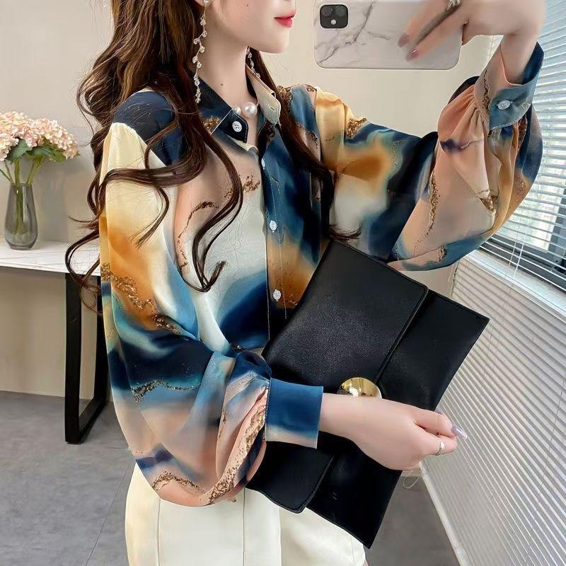 Retro Women's Printed Shirt Slim-fit Lantern Sleeve Floral Shirt Collared Chiffon Shirt Spring
