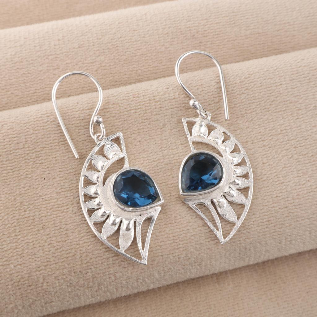 London Blue Topaz Gemstone Silver Pretty Earring 1.5" 925 Sterling Silver Women Jewelry For Birthday Gift CE-26-6