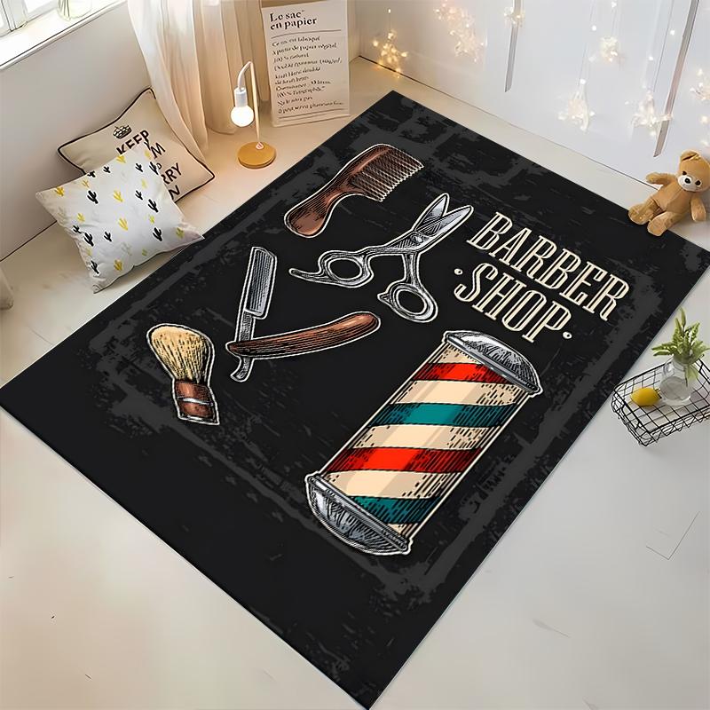 Barber Shop Theme Carpet with Scissors, Razor and Brush Design, Black Suitable for Use As an Anti-slip for Living Room Bedroom Sofas