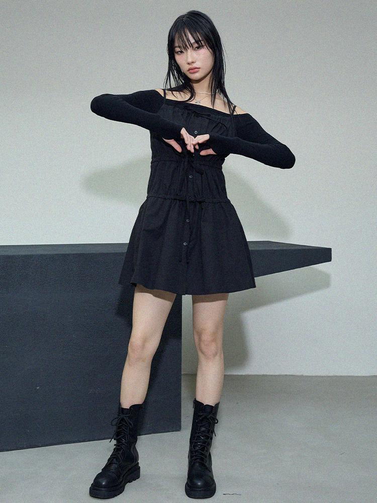 Itove Seoul Shirred Shirt Mini Dress Bk