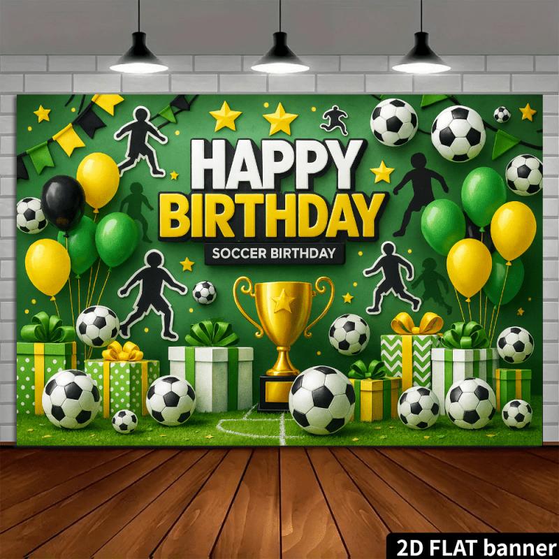 [2D] Flat - [2D] Flat Soccer-Themed Birthday Backdrop Soccer Goal  Gold Trophy  Soccer Decorations