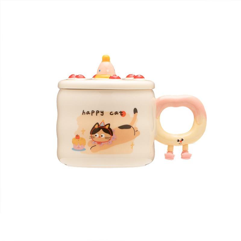 Birthday gift girls creative ceramic mug with lid cute cake student water cup
