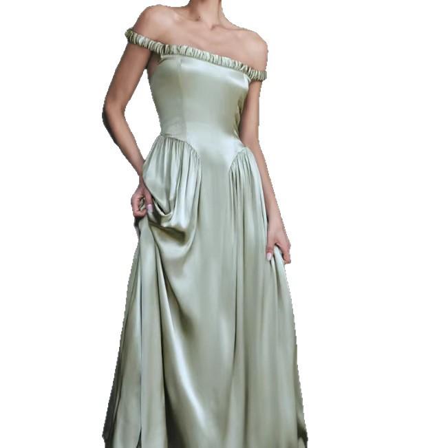 European and American Shrink Pleated Waist A Pendulum Net Color Satin Dress 2026 New High Waist Slim Dress Long Dress
