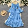 French gentle wind square collar strap lantern sleeve dress women's spring pure desire wind waist thin temperament long dress