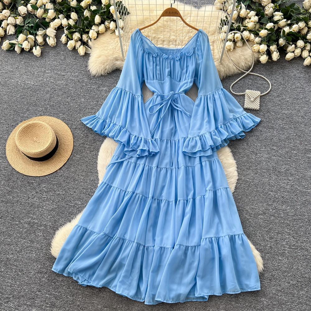 French gentle wind square collar strap lantern sleeve dress women's spring pure desire wind waist thin temperament long dress
