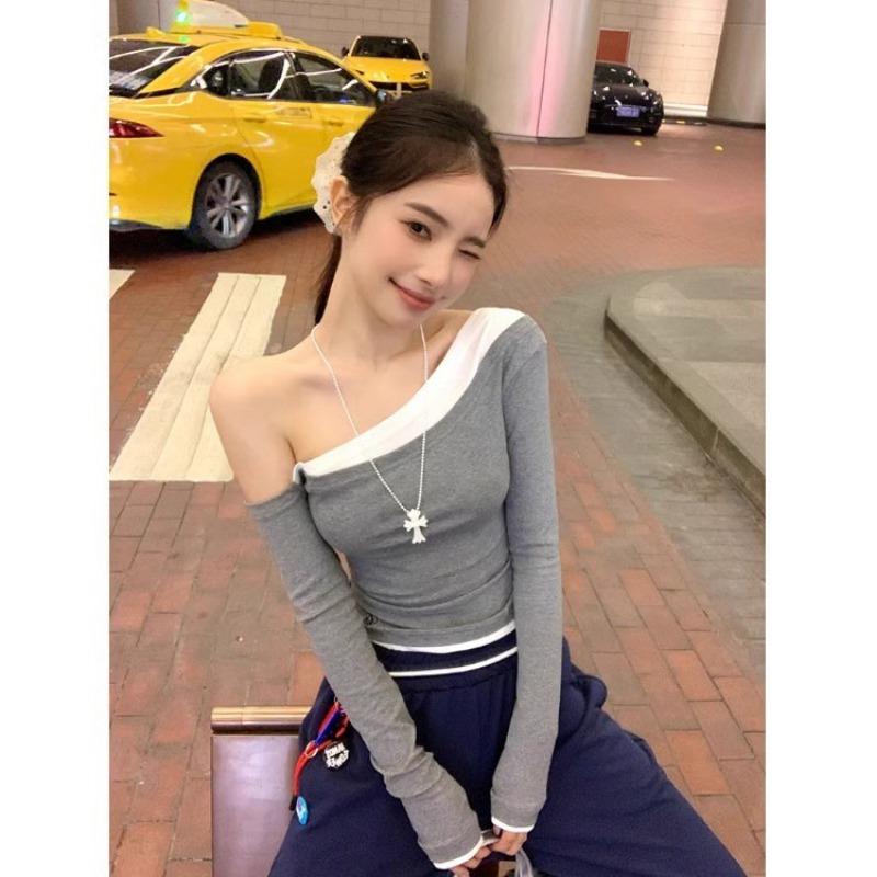 Sexy Reiner Lust-Stil Langarm Neues Herbst-T-Shirt Schlankmachende Schlanke Tees Schrägschulter-Oberteil für Damen