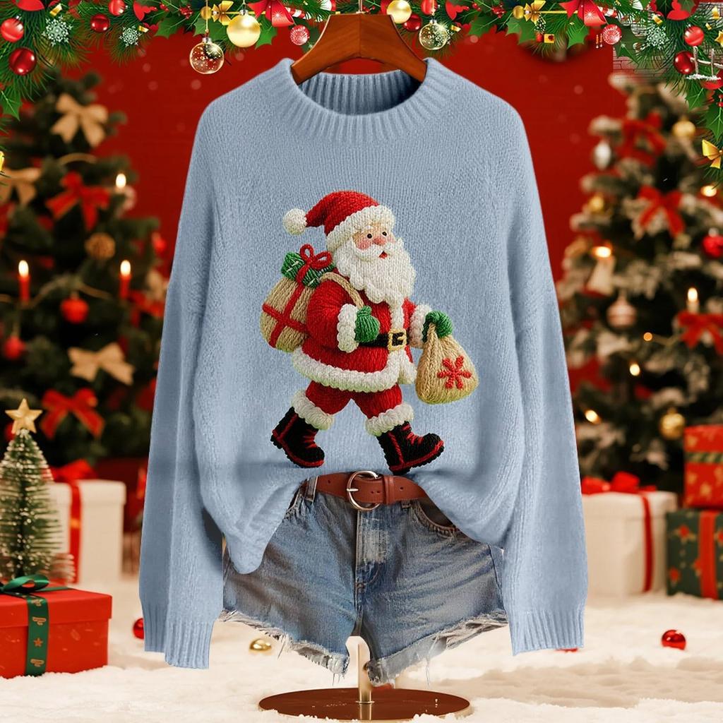 Women's Fashion Christmas Print Pullover Long-Sleeve  Neck Knit Sweater Top