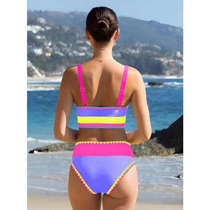 Women High Waist Color Block Three Piece Split Bikini Cover Up Vacation Swimwear