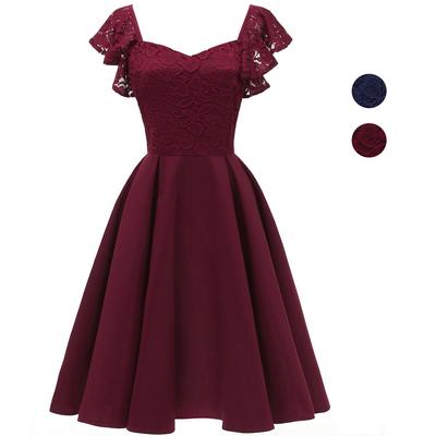Damen-Swingkleid, V-Ausschnitt, Rüschenärmel, Blumenspitze, Passform und Schlag, schick, Vintage, 50er-Jahre, elegant, Cocktail-Abend-Party-Outfits, formelle Kleidung für besondere Anlässe